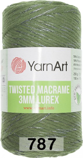 Пряжа YarnArt macrame twisted 3 mm lurex 787 болотный с серебром
