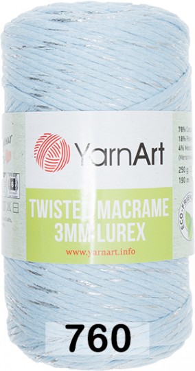 Пряжа YarnArt macrame twisted 3 mm lurex 760 голубой с серебром