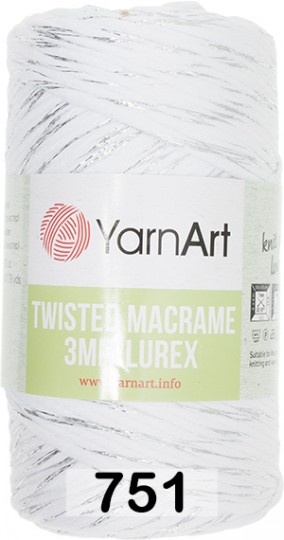 Пряжа YarnArt macrame twisted 3 mm lurex 751 белый с серебром