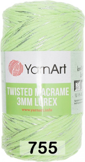 Пряжа YarnArt macrame twisted 3 mm lurex 755 салат с серебром
