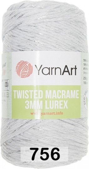 Пряжа YarnArt macrame twisted 3 mm lurex 756 серый с серебром