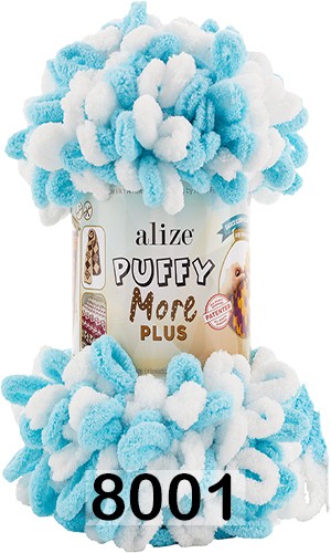 Пряжа Alize Puffy More Plus 8001 бело-бирюзовый