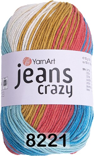 Пряжа YarnArt Jeans Crazy 8221 син.бел. желт.крас.