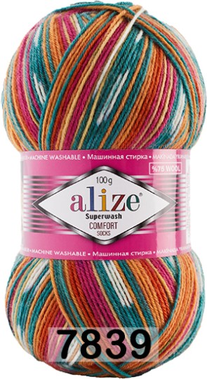 Пряжа Alize Superwash Comfort Socks 7839 красн. оранж.бирюз.